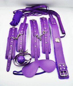 Фетиш набор фиолетовый 7 предметов ( наручники, оковы для ног, ошейник, маска, кляп, плеть канат)