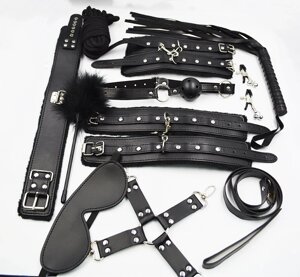 Фетиш набор Classic black ( зажимы, тиклер, наручники, оковы для ног, стек, ошейник, флоггер, кляп, маска)