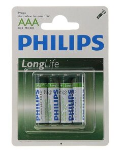 Батарейка солевая Philips ААА набор 4 шт на блистере R03-4BL LONG LIFE [R03-P4/01B]