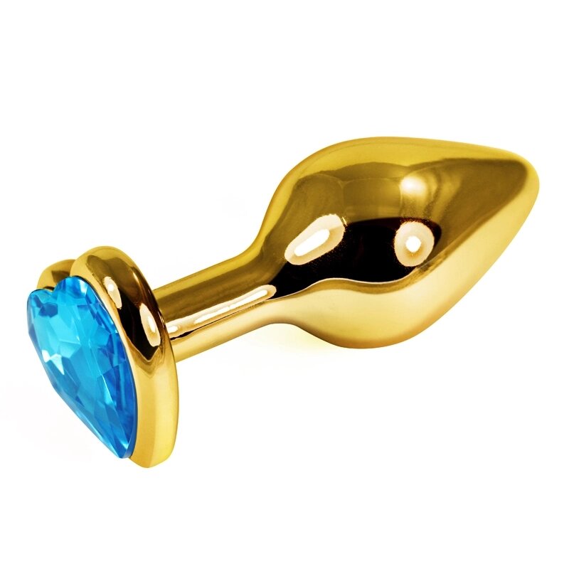 Золотая пробка с голубым кристаллом в форме сердца от компании Секс шоп "More Amore" - фото 1