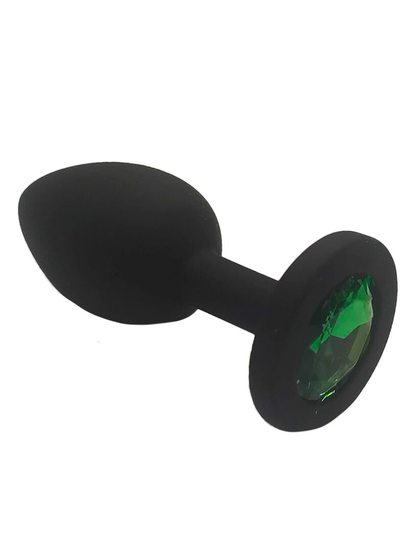 Анальная пробка из чёрного силикона с зелёным кристаллом (размер S) от компании Оптовая компания "Sex Opt" - фото 1