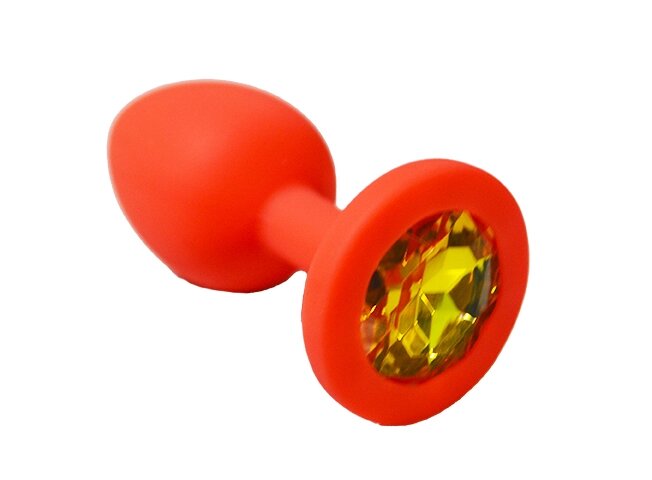 Анальная пробка из красного силикона с жёлтым  кристаллом (размер S) от компании Оптовая компания "Sex Opt" - фото 1