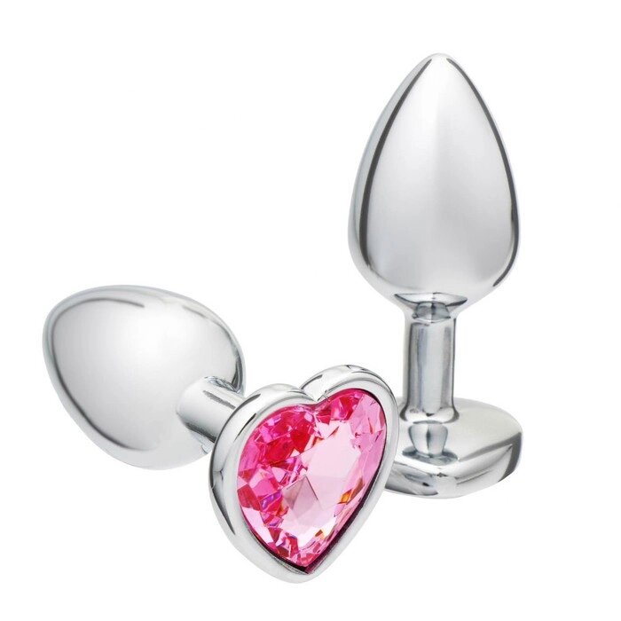 Анальная пробка серебряная с розовым кристаллом в форме сердца (28 мм.) от компании Оптовая компания "Sex Opt" - фото 1