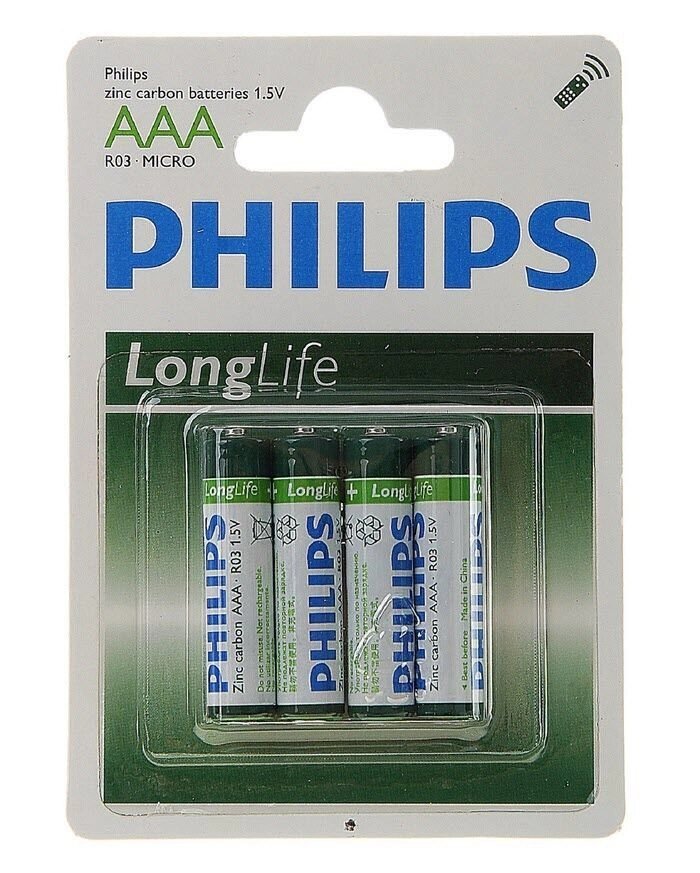 Батарейка солевая Philips ААА набор 4 шт на блистере R03-4BL LONG LIFE [R03-P4/01B] от компании Оптовая компания "Sex Opt" - фото 1
