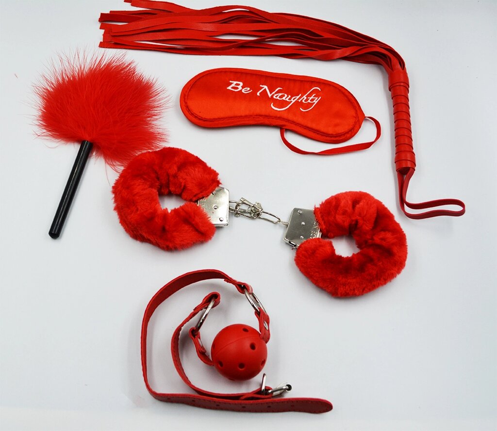 Фетиш набор Be naughty красный (наручники, тиклер, маска, плеть, кляп) от компании Оптовая компания "Sex Opt" - фото 1