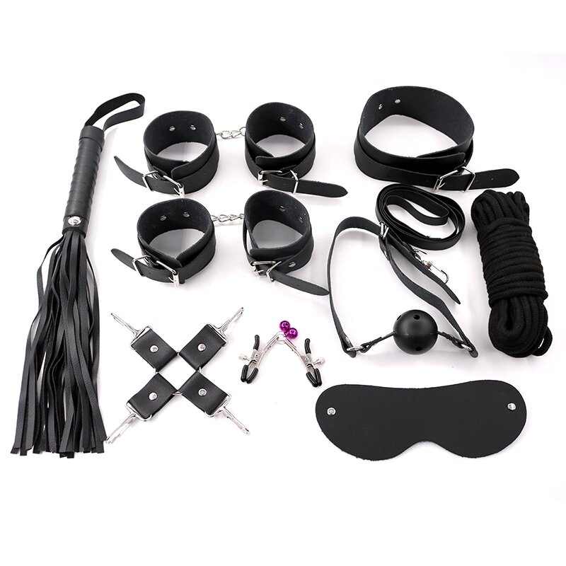Фетиш набор черный (наручники, оковы, маска, кляп, плеть, ошейник с поводком, верёвка, фиксатор, зажимы для сосков) от компании Оптовая компания "Sex Opt" - фото 1