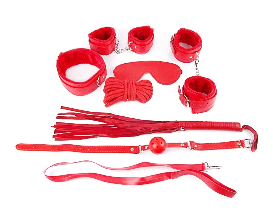 Фетиш набор красный (наручники, наножники, маска, кляп, плеть, ошейник с поводком, верёвка) от компании Оптовая компания "Sex Opt" - фото 1