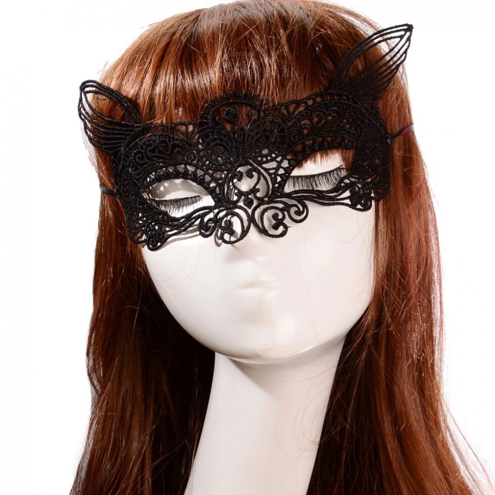 Кружевная черная маска с ушками от компании Оптовая компания "Sex Opt" - фото 1
