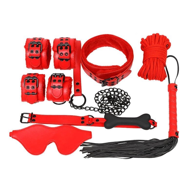 Набор БДСМ 7 предметов красный (наручники, ошейник, поводок, плеть, маска, веревка, кляп) от компании Оптовая компания "Sex Opt" - фото 1
