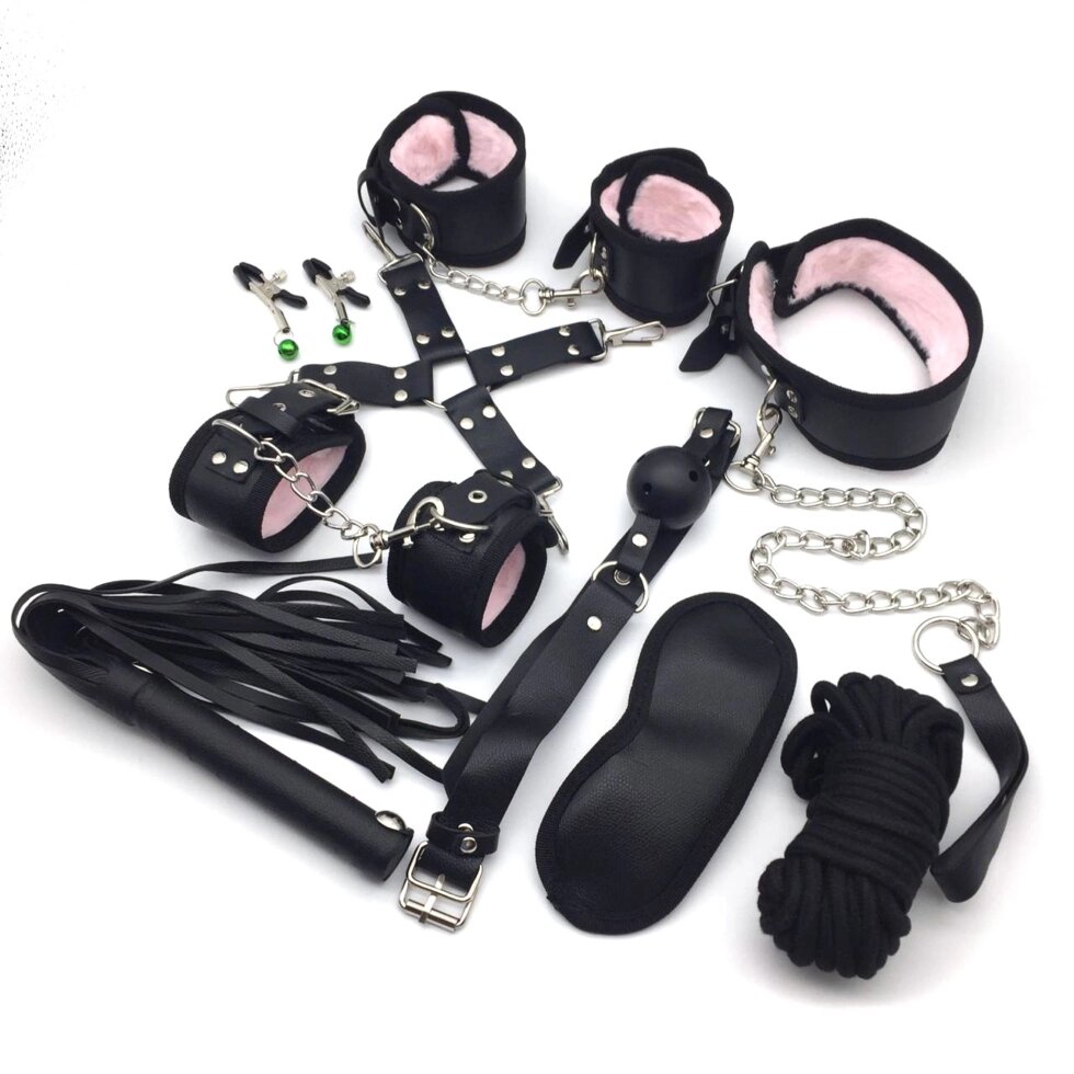 Набор БДСМ черно-розовый (наручники, оковы, маска, кляп, плеть, ошейник с поводком, верёвка, фиксатор, зажимы для сосков от компании Оптовая компания "Sex Opt" - фото 1