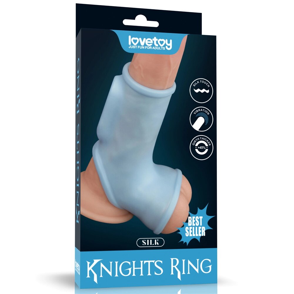 Насадка на пенис с вибрацией с рукавом для мошонки Silk Knights Ring голубая (12*2,8) от компании Оптовая компания "Sex Opt" - фото 1