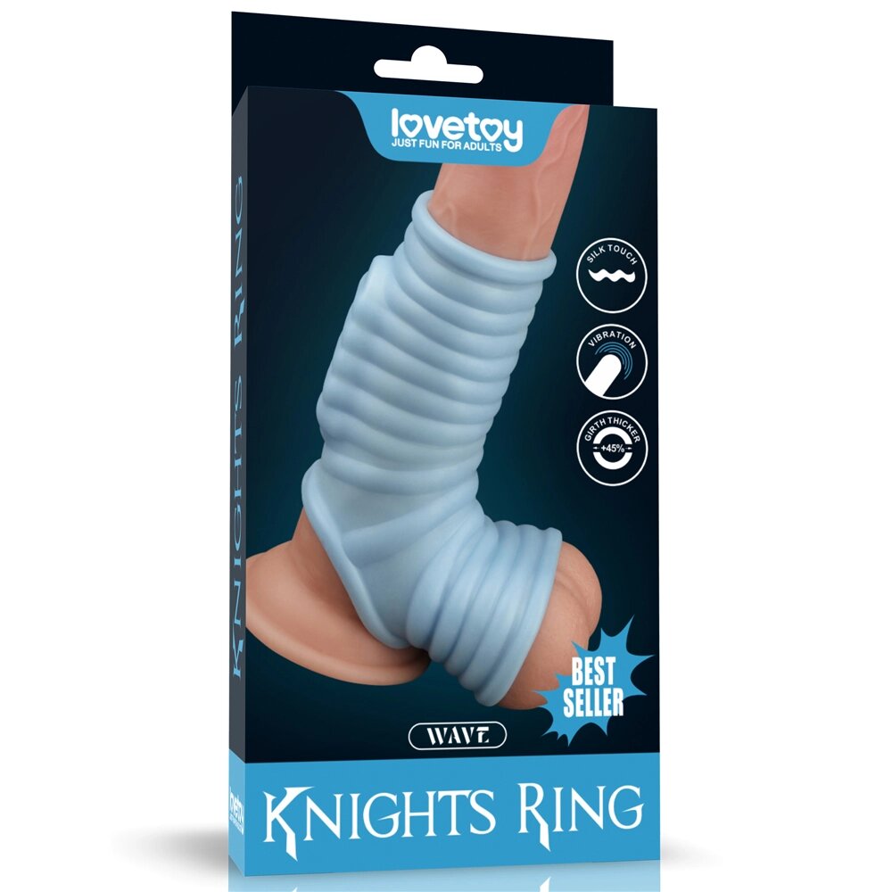 Насадка на пенис с вибрацией с рукавом для мошонки Wave Knights Ring голубая (14,4*2,8) от компании Оптовая компания "Sex Opt" - фото 1