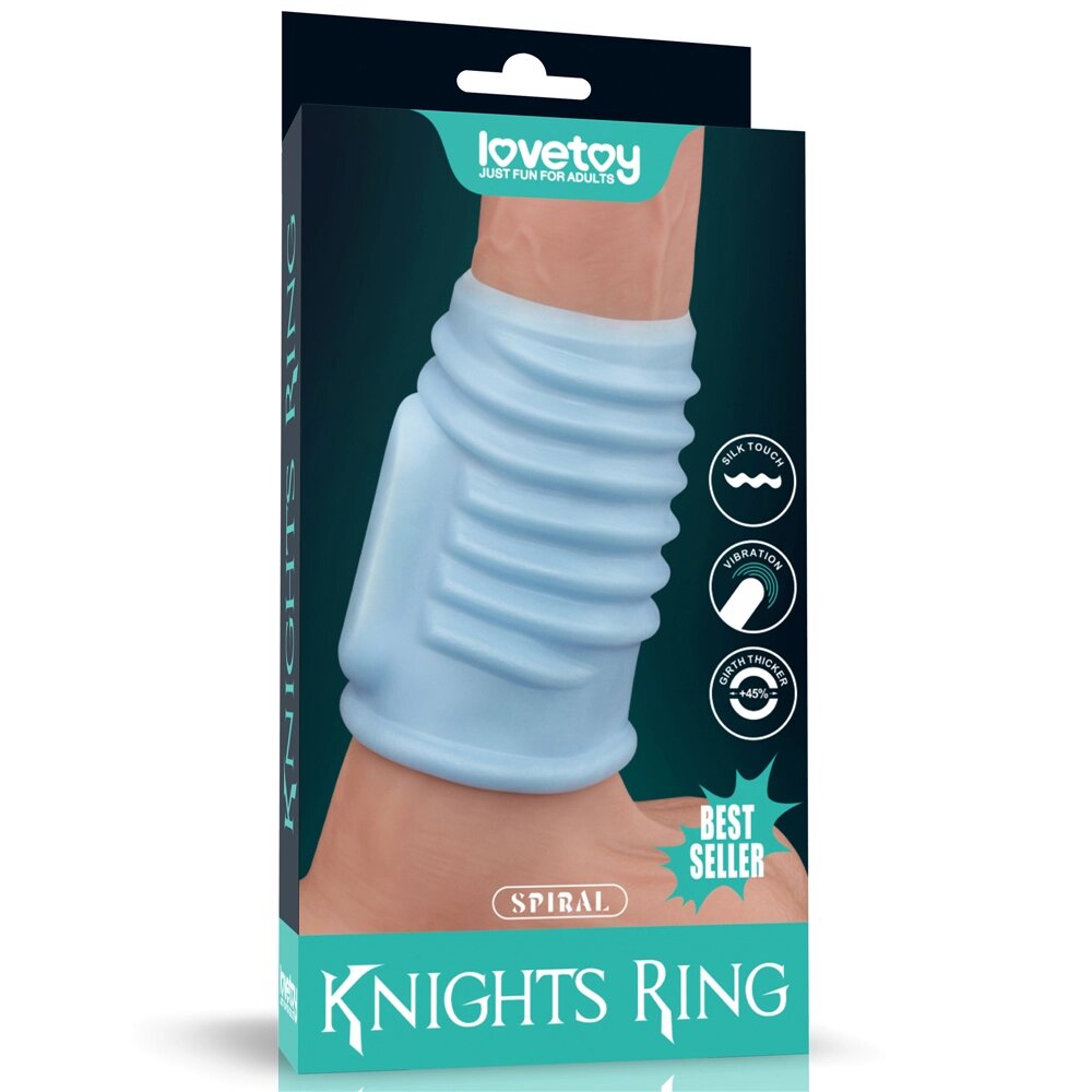 Насадка на пенис с вибрацией Spiral Knights Ring  (10*3,6) голубая от компании Оптовая компания "Sex Opt" - фото 1