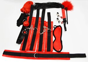 Фетиш набор Red passion красный (наручники, оковы для ног, зажимы, тиклер, маска, ошейник, флоггер, канат, кляп, стек)