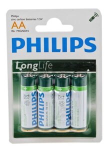 Батарейка солевая Philips АА набор 4 шт R6-4BL LONG LIFE [R6-P4/01B]