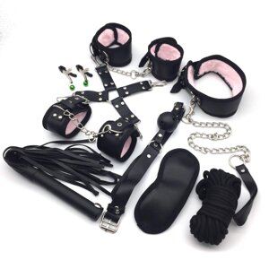 Набор БДСМ черно-розовый (наручники, оковы, маска, кляп, плеть, ошейник с поводком, верёвка, фиксатор, зажимы для сосков