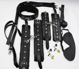 Фетиш набор Black lux черный (наручники, оковы для ног, ошейник, кляп, плеть, маска, зажимы)