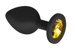 Анальная пробка из чёрного силикона с жёлтым кристаллом (размер S)