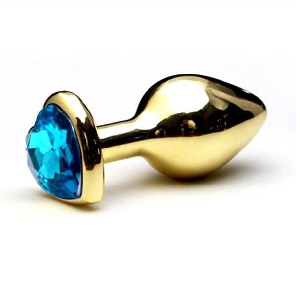 Золотая анальная втулка с голубым кристалом в виде сердечка от компании Оптовая компания "Sex Opt" - фото 1
