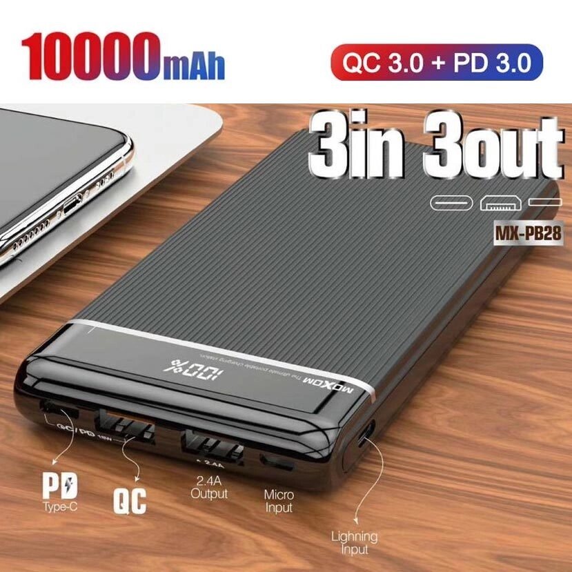 Аккумулятор POWERBANK с поддержкой быстрой зарядки QC & PD и LCD-экраном UNION {10000 mAh, 3 входа / 3 выхода} от компании Интернет-магазин Starshop. kz - фото 1