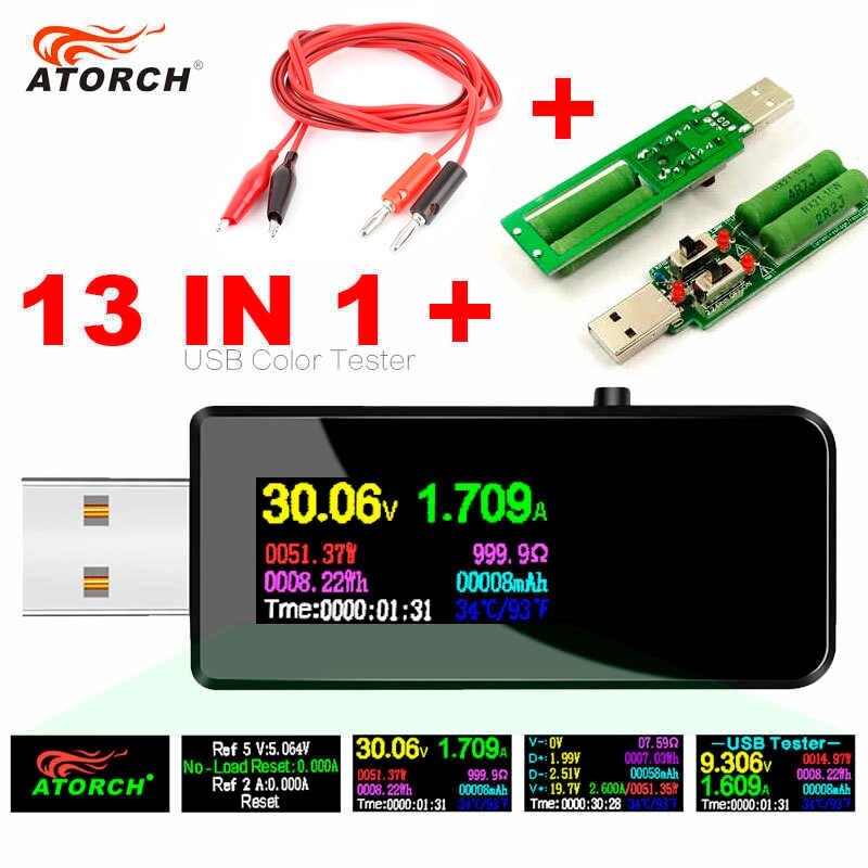 Цифровой USB тестер-вольтамперметр 13-в-1 U96 с OLED дисплеем ATORCH (USB-тестер + 3А нагрузка + 2Х кабель "Аллигатор") от компании Интернет-магазин Starshop. kz - фото 1