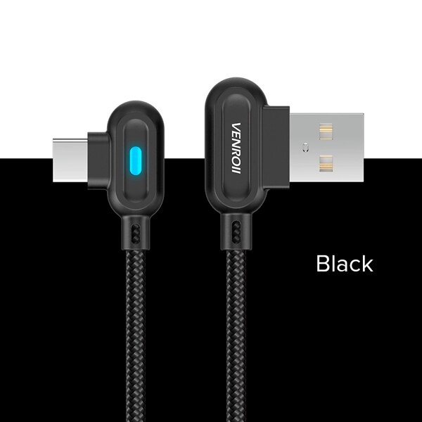 Кабель USB Type-C 2.4 А QC 90° со светодиодной подсветкой для быстрой зарядки VENROII (Черный / 1 метр) от компании Интернет-магазин Starshop. kz - фото 1