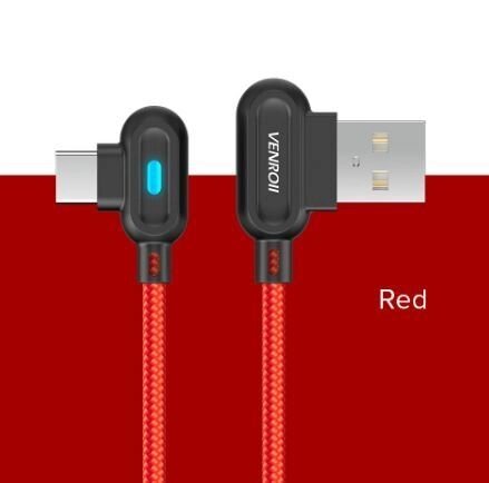 Кабель USB Type-C 2.4 А QC 90° со светодиодной подсветкой для быстрой зарядки VENROII (Красный / 1 метр) от компании Интернет-магазин Starshop. kz - фото 1