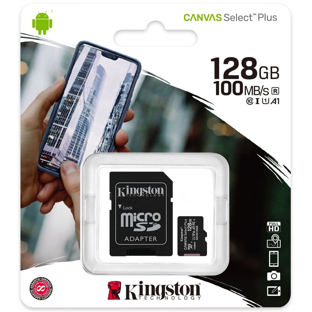 Карта памяти microSD 100MB/s A1 Kingston CANVAS Select Plus с переходником (128Gb U1) от компании Интернет-магазин Starshop. kz - фото 1