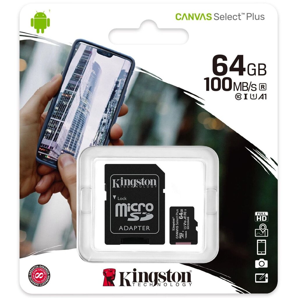 Карта памяти microSD 100MB/s A1 Kingston CANVAS Select Plus с переходником (64Gb U1) от компании Интернет-магазин Starshop. kz - фото 1