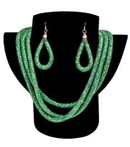 Комплект ожерелье тройное и серьги «Звездная пыль»Зеленый)