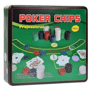Набор для игры в покер профессиональный 500 Poker Chips с сукном в жестяной банке