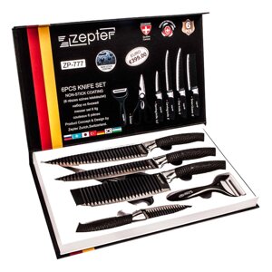 Набор кухонных ножей с ребристой поверхностью ZEPTER [6 предметов с топориком]Черный)