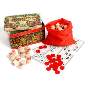 Настольная игра «Русское лото» с бочонками из дерева в подарочной жестяной коробке
