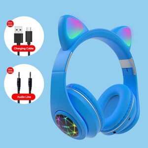 Наушники беспроводные со светящимися ушками кошки Cat Ear (Голубой)