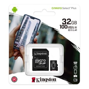 Карта памяти microSD 100MB/s A1 Kingston CANVAS Select Plus с переходником (32Gb U1)