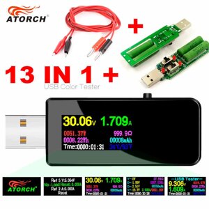 Цифровой USB тестер-вольтамперметр 13-в-1 U96 с OLED дисплеем ATORCH (USB-тестер + 3А нагрузка + 2Х кабель "Аллигатор")