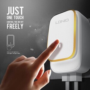 Сетевое зарядное устройство с ночником LDNIO {2xUSB, TouchLED, боковое расположение портов}