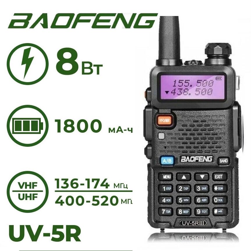 Рация полупрофессиональная Baofeng UV-5R {8W, сканер, двухдиапазонная, FM-радио} (Черный) от компании Интернет-магазин Starshop. kz - фото 1