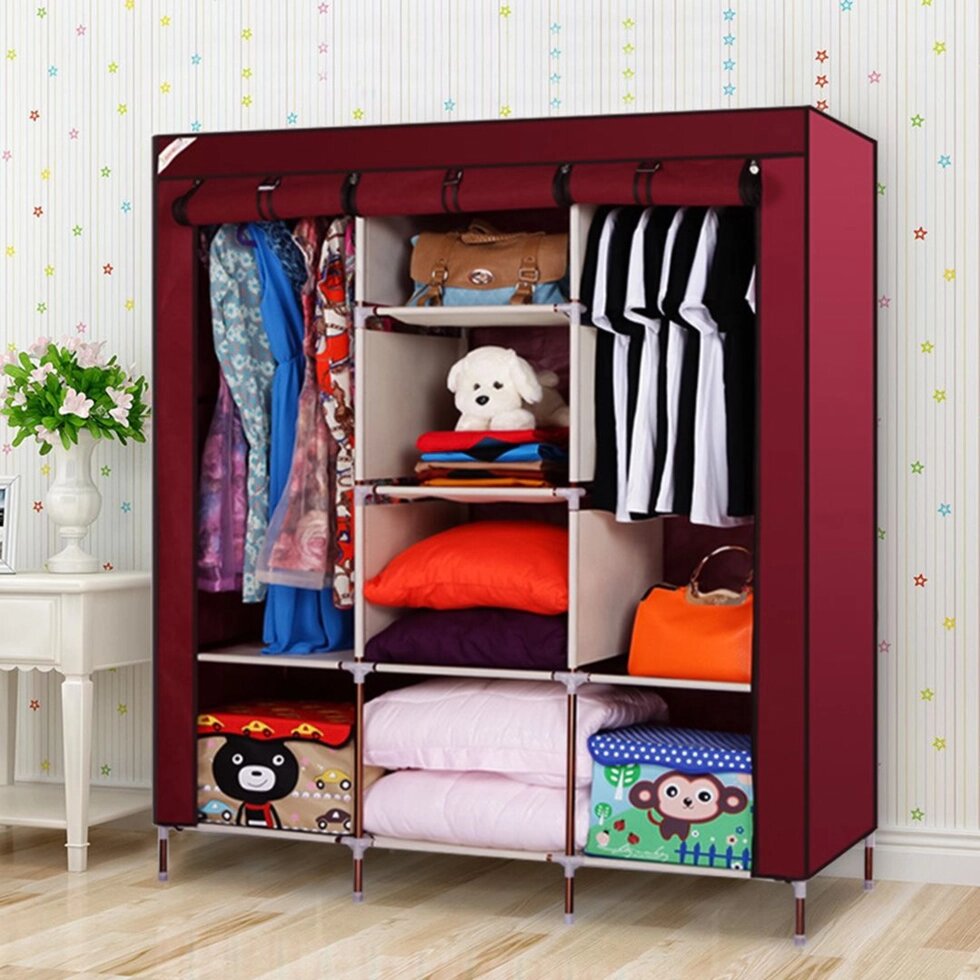 Шкаф для одежды каркасный тканевый на 3 секции Storage Wardrobe 88130 {130х45х175 см} (Бордовый) от компании Интернет-магазин Starshop. kz - фото 1