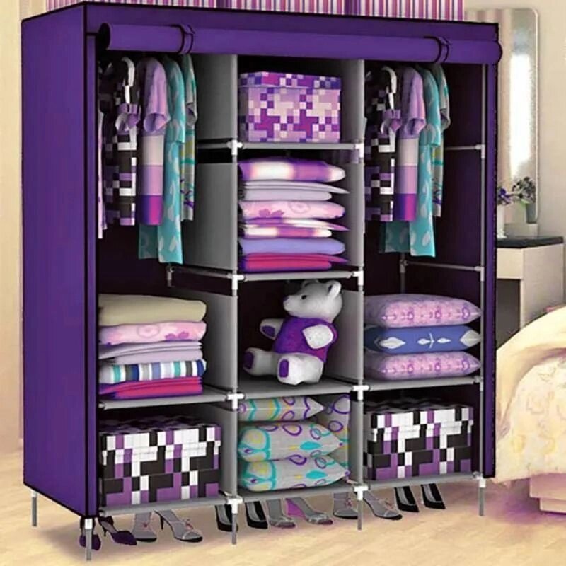 Шкаф для одежды каркасный тканевый на 3 секции Storage Wardrobe 88130 {130х45х175 см} (Фиолетовый) от компании Интернет-магазин Starshop. kz - фото 1