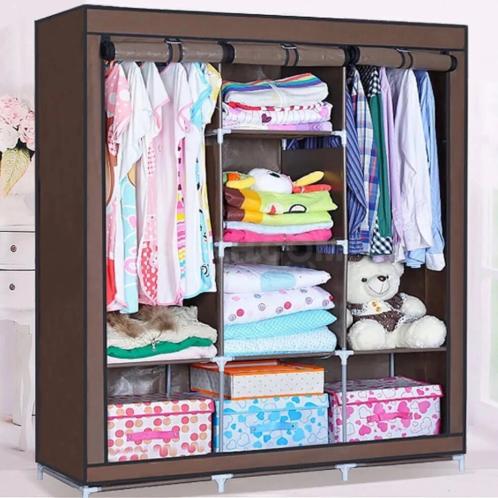 Шкаф для одежды каркасный тканевый на 3 секции Storage Wardrobe 88130 {130х45х175 см} (Коричневый) от компании Интернет-магазин Starshop. kz - фото 1