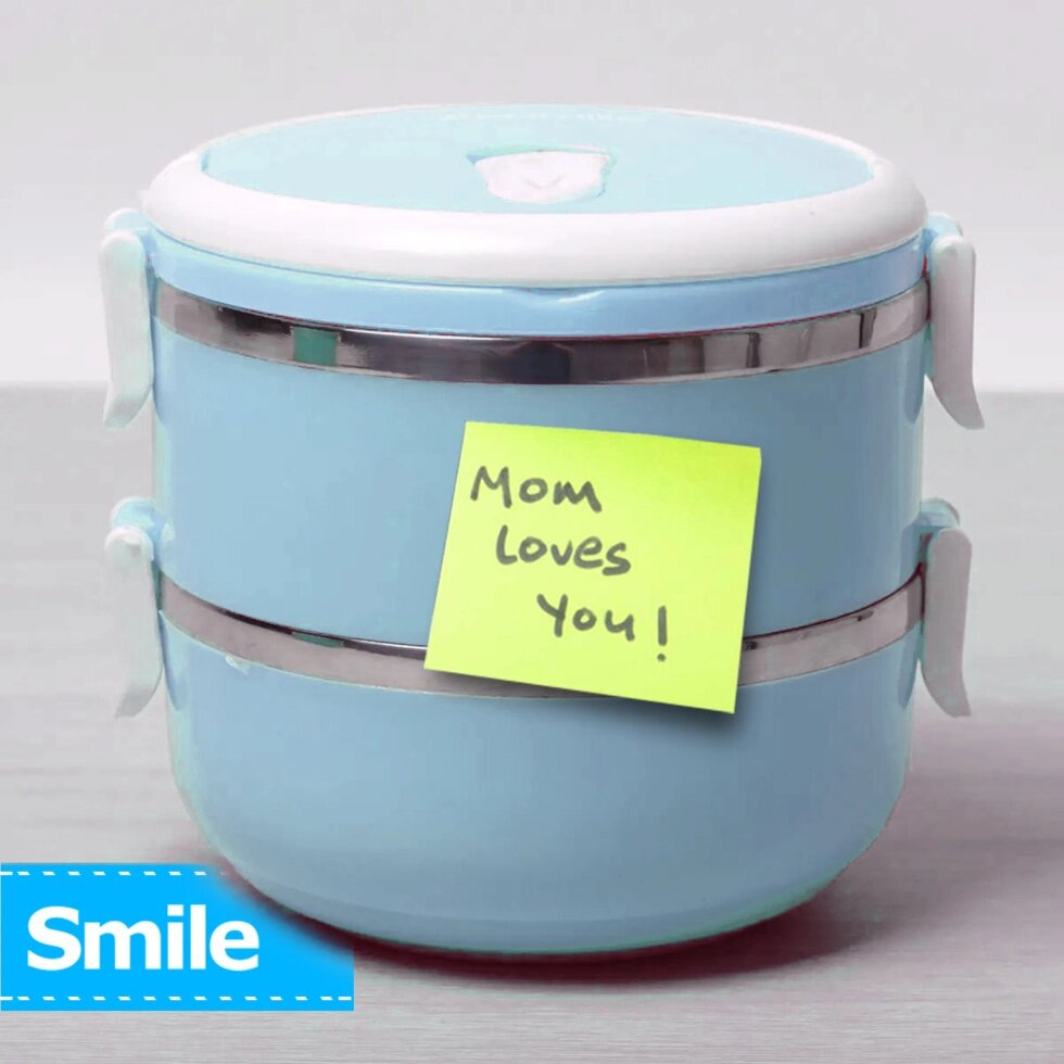 Термос многоярусный для домашних обедов Lunch Box Smile KM-212x (Голубой / 2 секции) от компании Интернет-магазин Starshop. kz - фото 1