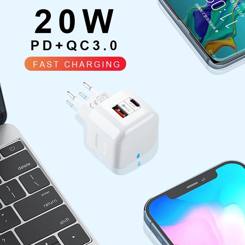 Устройство быстрой зарядки сетевое USB-C PD+QC3.0 20W LIDER с боковым расположением портов от компании Интернет-магазин Starshop. kz - фото 1