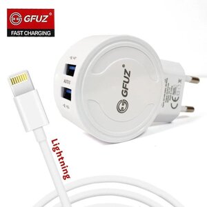 Зарядное устройство сетевое с 2-мя портами и кабелем USB GFUZ {2,4A; Fast Charging}с разъемом Apple Lightning)