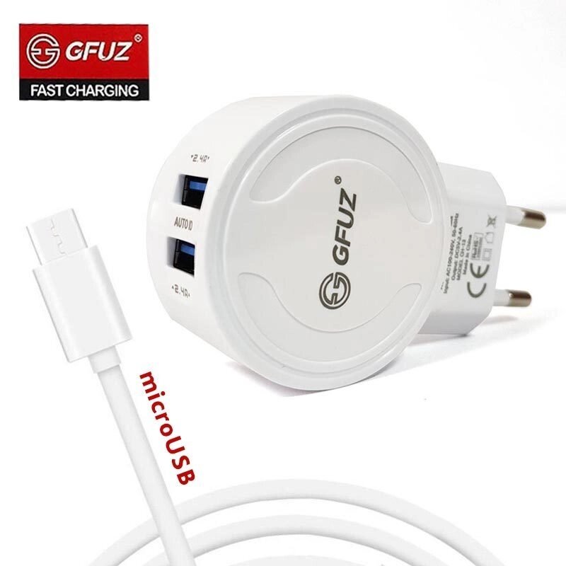 Зарядное устройство сетевое с 2-мя портами и кабелем USB GFUZ {2,4A; Fast Charging} (с разъемом microUSB) от компании Интернет-магазин Starshop. kz - фото 1