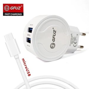 Зарядное устройство сетевое с 2-мя портами и кабелем USB GFUZ {2,4A; Fast Charging}с разъемом microUSB)