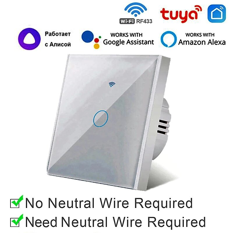 Сенсорный выключатель без нейтрального провода TUYA Wi-Fi + RF433MHz от компании Alexel - фото 1