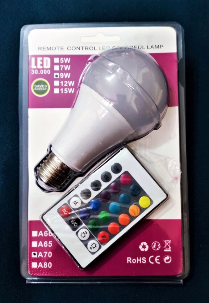 Светодиодная многоцветная лампа с пультом 9 W E27 от компании Alexel - фото 1