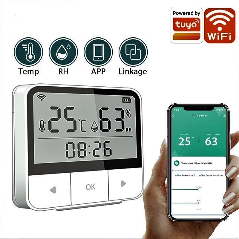 Умный Wi-Fi датчик температуры и влажности с экраном Tuya от компании Alexel - фото 1