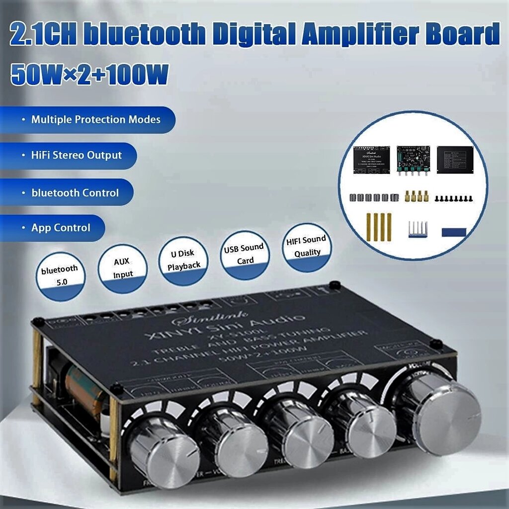 Усилитель мощности звука 2.1CH 2x50 Вт+100 Вт aux mp3 Bluetooth от компании Alexel - фото 1